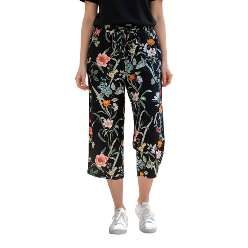 LOFT Womens Black Floral Wide Leg Pants Size Large